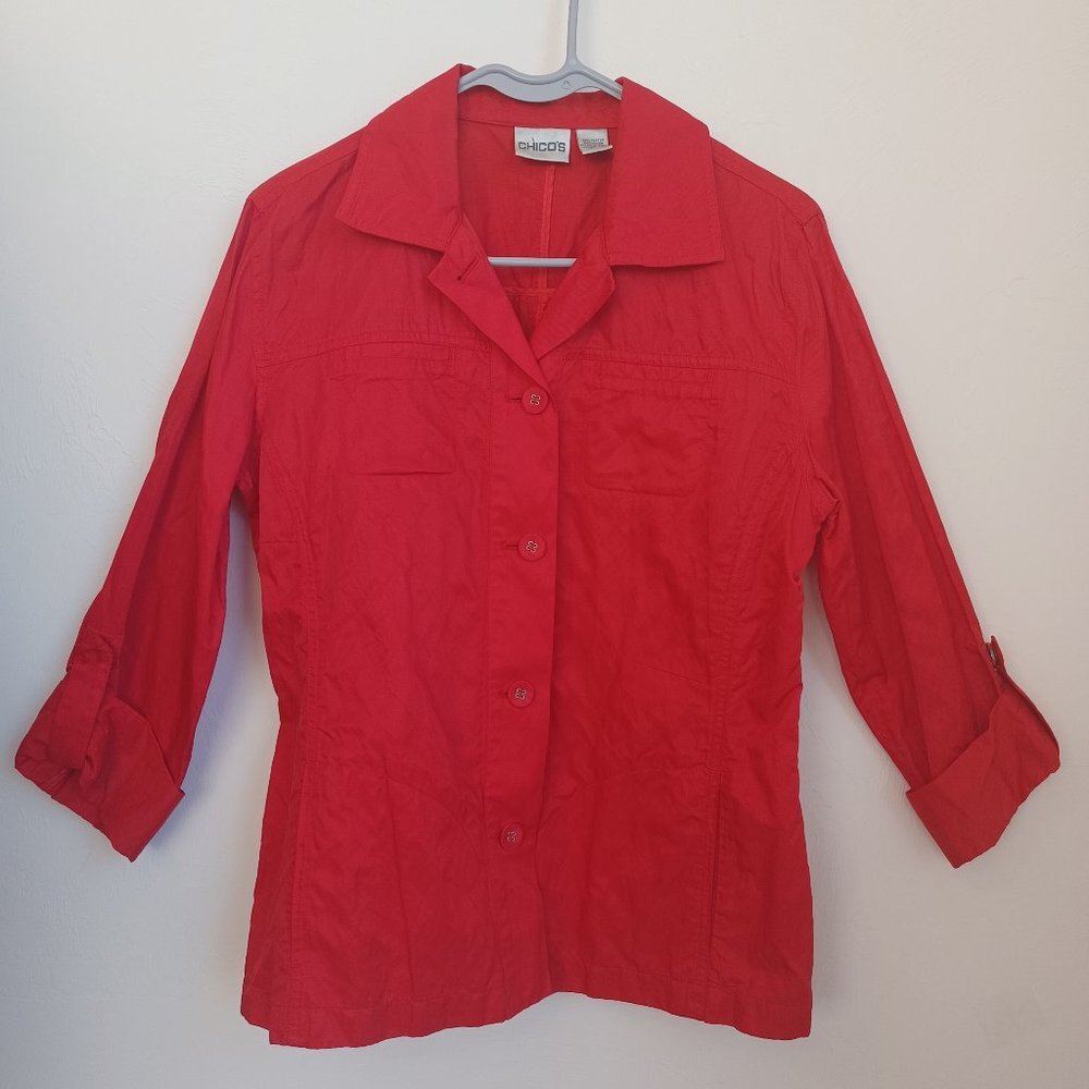 Chicos Red Shirt Jacket Button Front Roll Tab‎ Sleeves Womens Medium - Picture 2 of 10